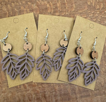 Load image into Gallery viewer, Leaf Shape Matte Mauve Acrylic Dangle PAIR with Walnut connector
