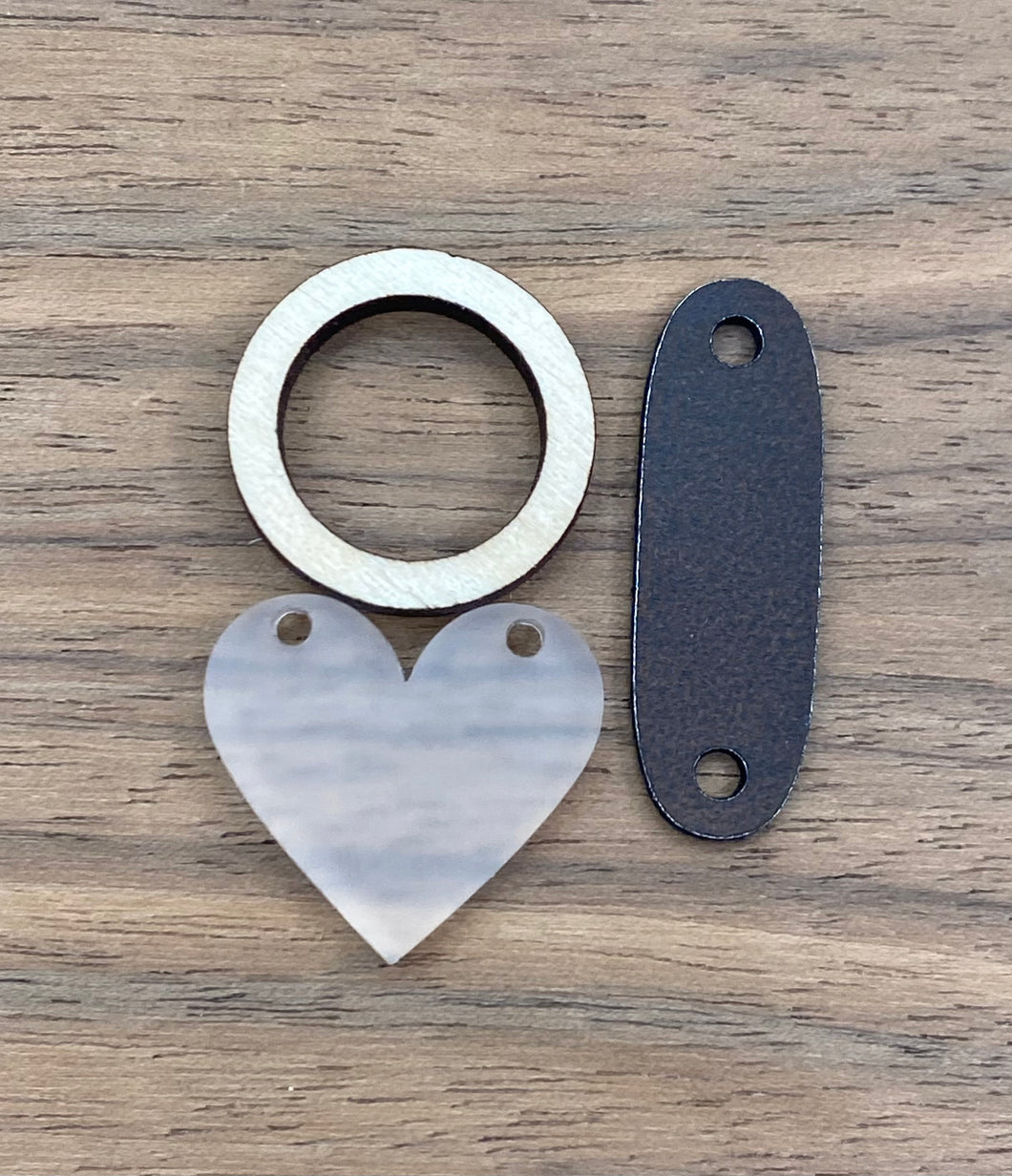 Birch Ring, Clear Frosted Heart and Faux Leather Tab PAIRS