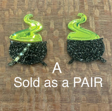 Load image into Gallery viewer, Cauldron with Neon Green Mirrored Acrylic Dangle PAIR
