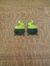 Load image into Gallery viewer, Couldron with neon green morrored Acrylic Dangle PAIR
