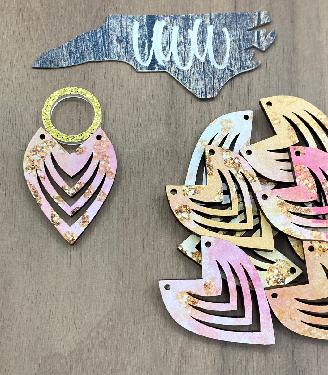 Pink Gold and Yellow MDF Dangles with Acrylic Gold Connector