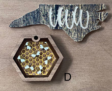 Load image into Gallery viewer, Bee Pattern Acrylic and Birch Honeycomb Dangle
