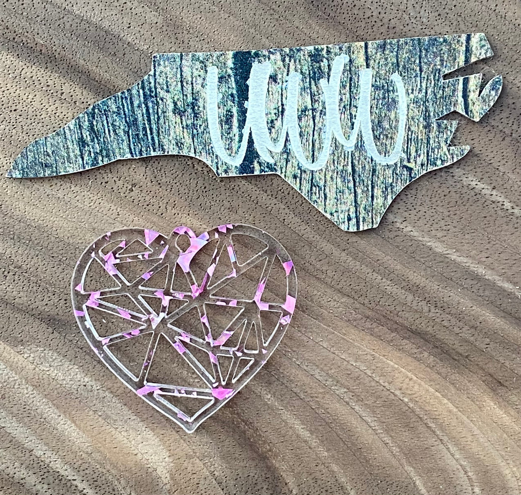 Intricate heart in Confetti Pink Clear Acrylic