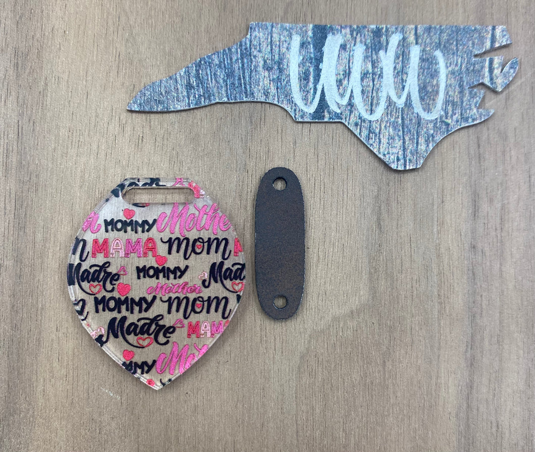 Mom Acrylic Dangle and Faux Leather Tab