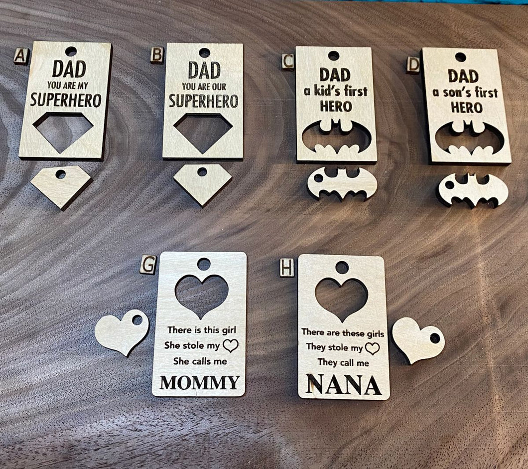 Hero Dad, granddad, mommy, personalized key chain blanks